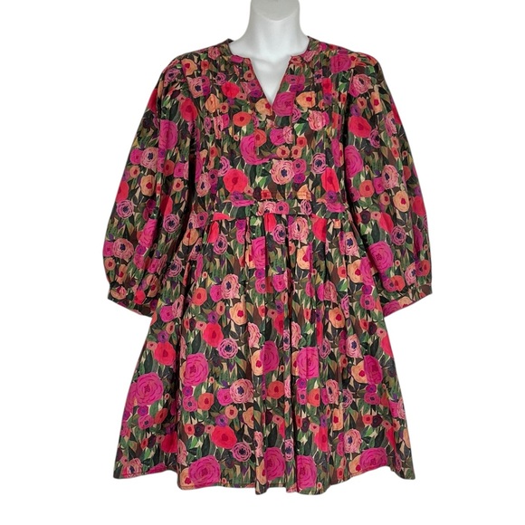 Entro NWT Pink Green Boho Puff Sleeve Mini Floral Babydoll Dress Size Small - Picture 11 of 11